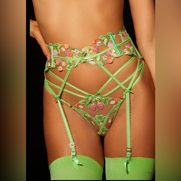 Honey Birdette Lottie 4 piece Set Bra 32DD, Thong & Garter XS, S Lime Stocking - Picture 2 of 7